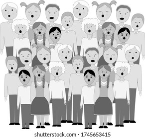 Children's choir . Lesson of choral singing in children. Children sing all together.