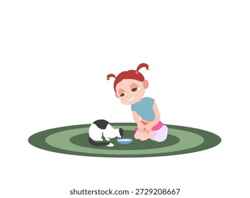 Tareas y responsabilidades del desarrollo de los niños Kindergarten, escuela, primeros pasos, cartel, cuidado de mascotas, alimentación, cuidado de mascotas Una niña pelirroja con una falda rosa alimenta a un gato manchado de blanco con leche de un plato sobre un fondo transparente. Medicina veterinaria: el problema de los animales abandonados; no dejar a los animales sin hogar. Pegatina para el veterinario Refugio para gatitos sin hogar Mostrando amor en el día de los animales Mamíferos Amabilidad, cuidado, suave, esponjoso Mostrando compasión 