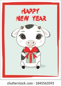 Children's Christmas card with a bull with a gift. Vector illustration. Happy new year