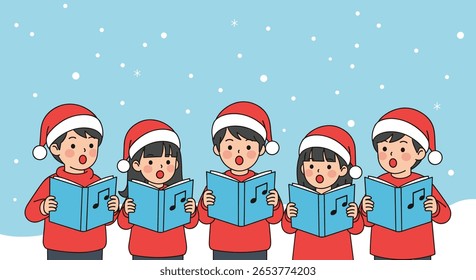 Childrens christmas choir singing festive carols during a snowy winter day