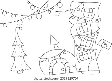 Children's Christmas coloring book. Cartoon boot with windows, with a garland and a Christmas tree. Editable stroke.