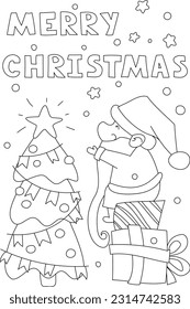 Children's Christmas coloring book. Little Santa Claus sits on New Year's gifts, reaches for the New Year's star on the Christmas tree