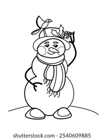 Children's Christmas coloring book.Decorated Snowman with birdie Linear illustration on a white background

