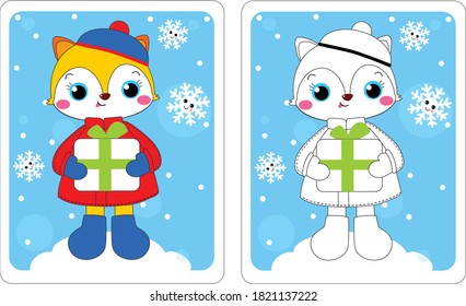 children's christmas coloring fox with a gift