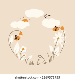 Children's circular frame with flowers, nature, clouds, bees. Vector illustration in flat style