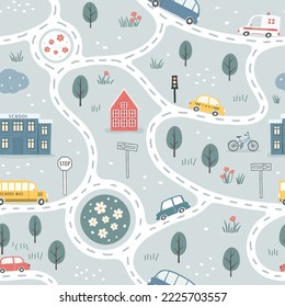Children's City map with roads and transport. Kid carpet with cute cars, roads, trees and houses. Vector seamless pattern. Can be used for nursery room, textile, clothing, wallpaper, packaging etc.