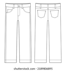 Children's classical jeans technical sketch. Denim casual clothes. Front and back. CAD fashion vector illustration