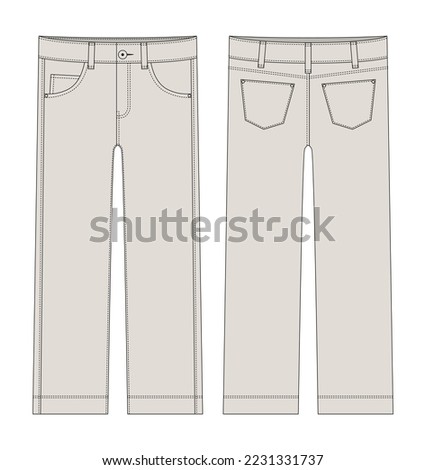 Children's classical jeans technical sketch. Light gray color. Denim casual clothes. Front and back. CAD fashion vector illustration