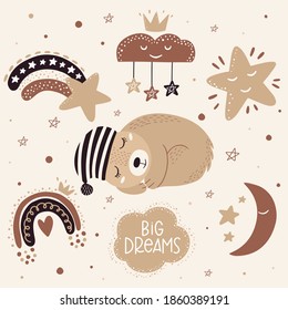 Children's clipart with a bear in pastel colors. Fabric pattern. Cartoon vector illustration.