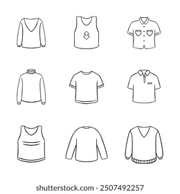 Children's clothes doodle line icon collection. Hand drawn outline style. isolated illustration