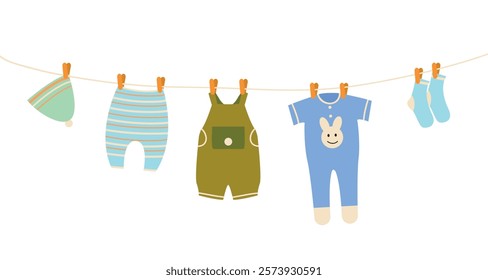 Children's clothes are dried on a rope. Clothing for babies. Body, overalls, for girls. Clothes icons set in flat style isolated on white background. isolated objects.