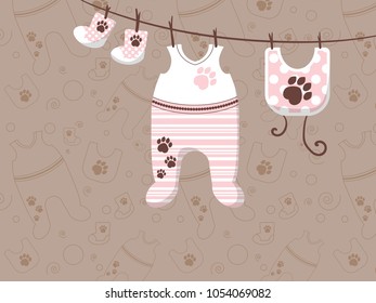 childrens clothes are hung on ropes. Advertising banner for stores. Vector illustration