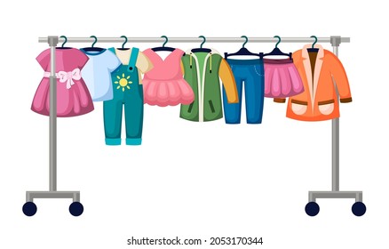 Childrens clothes in trendy market illustration. Hanging overalls and dresses for boys and girls in creative designs jeans and jackets are best collections for little ones. Vector fashionable flat.