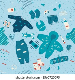 children's clothing accessories. Seamless pattern variety baby's accessories, winter warm jacket, underwear, socks, set toys, randomness, scattered labels, goods necessary.
