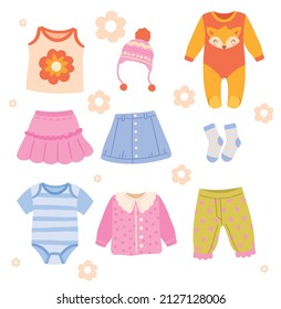 Childrens clothing set. Collection of cards for goods, online store site design. Skirts, hats, but skis and rompers for boys and girls. Cartoon flat vector illustrations isolated on white background