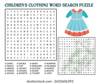 Quebra-cabeça de busca de palavras de roupas infantis com uma ilustração de vestido. Uma atividade divertida e educativa para as crianças aprenderem vocabulário de roupas.