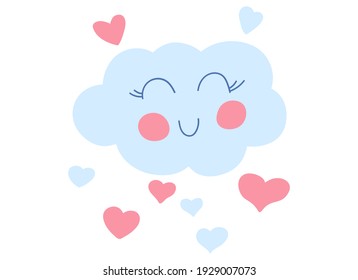Children's cloud or cloud with a smile and hearts. In soft pastel colors. For fabrics, children's rooms, toys, prints, etc. Isolated on a white background