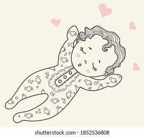 Childrens collection. Cute little baby in pajamas and romper sleeps sweetly on his back. Decorative illustration. Vector. Outline. Isolated. Kids design, cards, decorations and decor