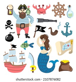 Children's collection on the theme of pirates and adventures with a pirate, a mermaid, a ship and sea animals