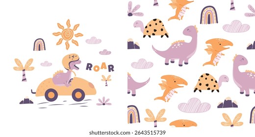 Children's collection. Print and seamless pattern with cute hand-drawn dinosaur driving a car. Vector design for baby bedding, fabric, wallpaper, wrapping paper and more.