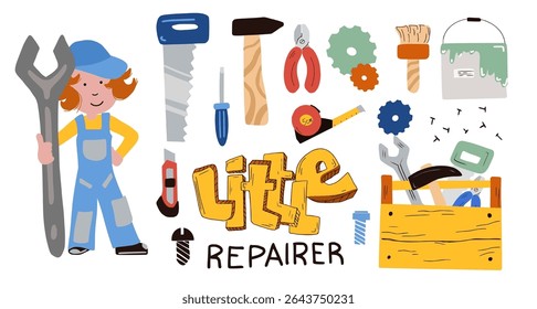 Children's collection of various repair tools in cartoon style. Set for decorating toys, building sets, children's room or workshop, as educational material, fabrics, wallpaper