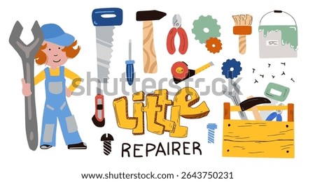 Children's collection of various repair tools in cartoon style. Set for decorating toys, building sets, children's room or workshop, as educational material, fabrics, wallpaper