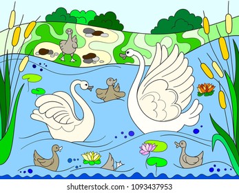 Childrens color book cartoon family of Swan on nature. For adults vector illustration. Anti-stress for adult bird.