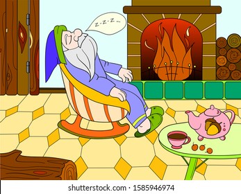 Childrens color book cartoon. The interior of the house, the fairy dwarf sleeps near the fireplace. For adults illustration. Anti stress for adult. Black and white lines