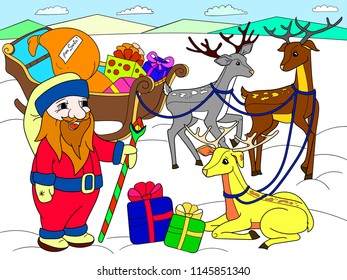 Childrens color cartoon animal friends in nature. Santa claus on the north pole next to sleighs and magical deer. Anti-stress for adult. Black and white lines