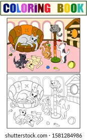 Childrens Color And Coloring Book Cartoon Family On Nature. Mom Cat And Kittens Children. For Adults Vector Illustration.