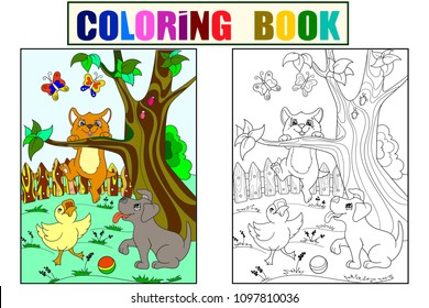 Childrens color and coloring cartoon animals friends in nature. Duckling, puppy and kitten. Duck, dog and cat. For adults vector illustration.