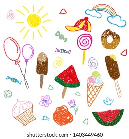 Children's color drawings in pencil and chalk on the theme of summer and sweets. Separate elements on a white background. Vector illustration