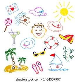 Children's color drawings in pencil and chalk on the theme of summer and the sea. Separate elements on a white background. Vector illustration