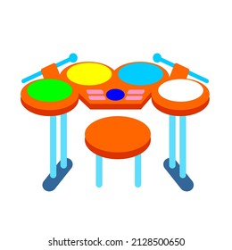 Children's color drum set. Object toy in cartoon style for design. Vector full color illustration.