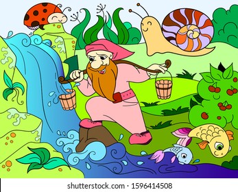 Childrens color. Forest, a magic dwarf is picking up water in a creek. For adults illustration. Anti-stress for adult. Black and white lines