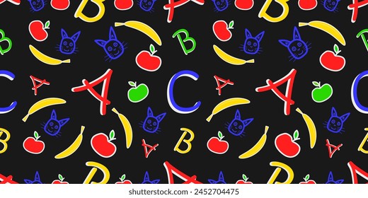 Patrón de alfabeto ABC de colores para niños, con bananas, manzanas, gatos y letras
