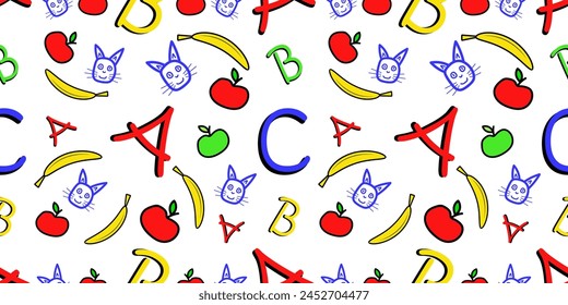 Children's colored ABC alphabet pattern, with bananas, apples, cats and letters