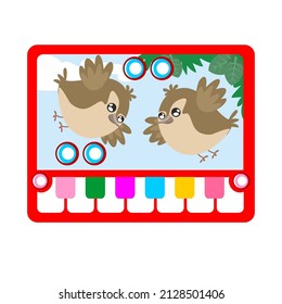 Children's colored piano with birds. Musical instrument toy in cartoon style for design. Vector full color illustration.