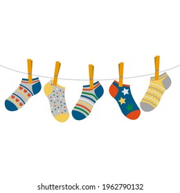 children's colored socks hang on a rope. concept of international day of children with down syndrome and premature babies. vector illustration isolated on white background