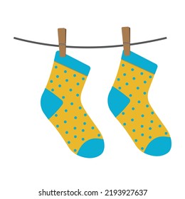 Children's colored socks hanging on a rope, vector isolated illustration