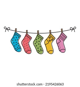 Calcetines de color para niños colgados en una cuerda, ilustración vectorial aislada