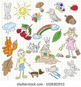childrens colored vector illustration in the style of sketch elements for design nature Pets plants kids boy girl nature is isolated