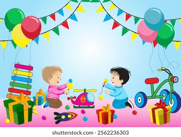 Children's colorful background illustrations show them having fun with toys all around, celebrating the festival with balloons, gift boxes, percussion instruments, and bicycles, the celebration party.