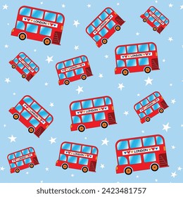 Children's and colorful pattern with british  double decker red buses. Great background for fabrics and textiles. Vector Illustration EPS10.