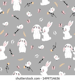 Children's and colorful pattern with cute bunny and birds.
Great background for fabrics and textiles