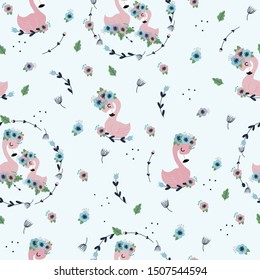Children's and colorful pattern with cute flamingo with flowers. 
Great background for fabrics and textiles