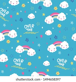 Children's and colorful pattern with cute rainbows with clouds.
Great background for fabrics and textiles