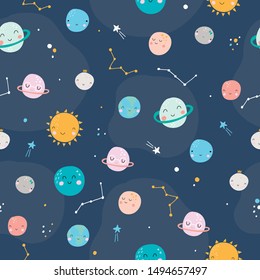 Children's and colorful pattern with cute universe with planets and stars.
Great background for fabrics and textiles