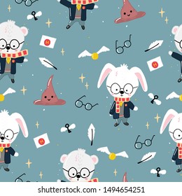 Children's and colorful pattern with cute wizards.
Great background for fabrics and textiles