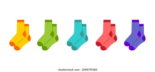 Children's colorful rainbow socks. Collection of children's shoes. Variety of knitted loaches and tights.t vector